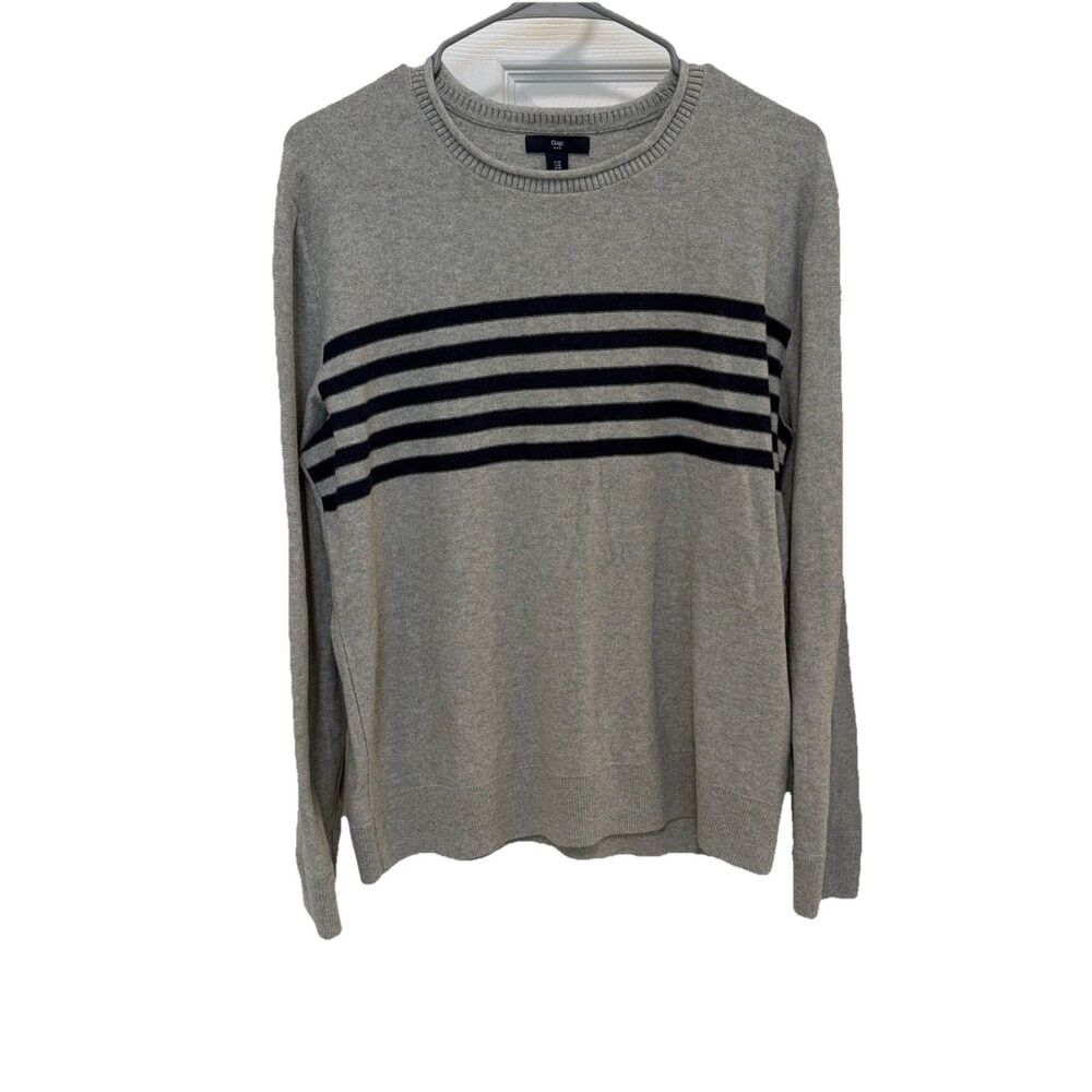 GAP Roll Neck Sweater Mens M gray navy stripes Knit MedWeight Old Money classic